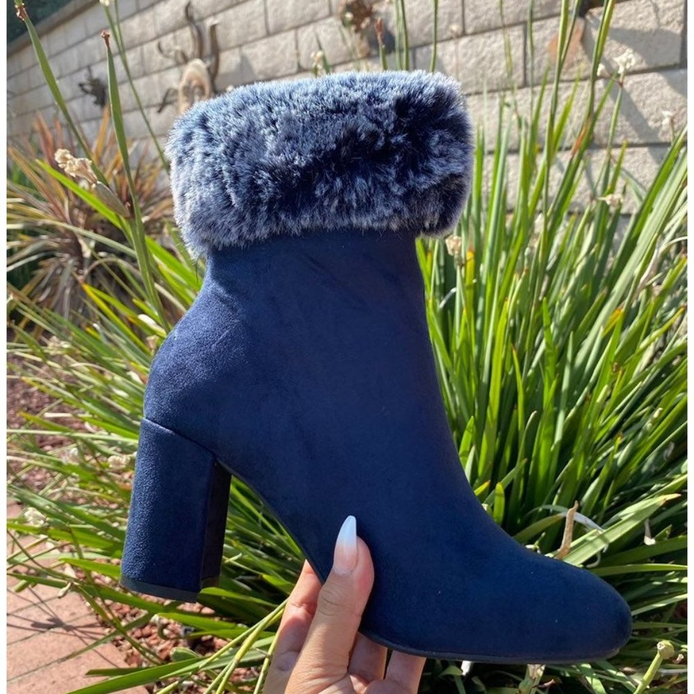 Olivia Miller Fur Heel Navy Bootie